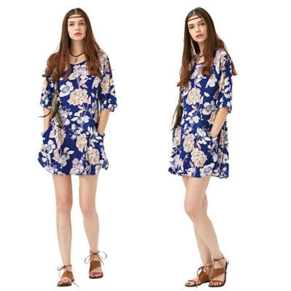 Blue Pastel Floral Dress With 3/4 Sleeves Pockets - Picture 2 of 7